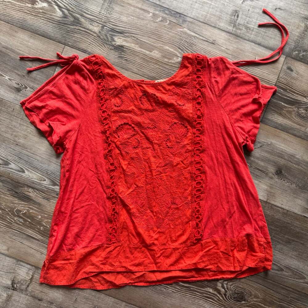 Democracy Women's Orange-Red Embroidered Sleeve Tie Americana Blouse